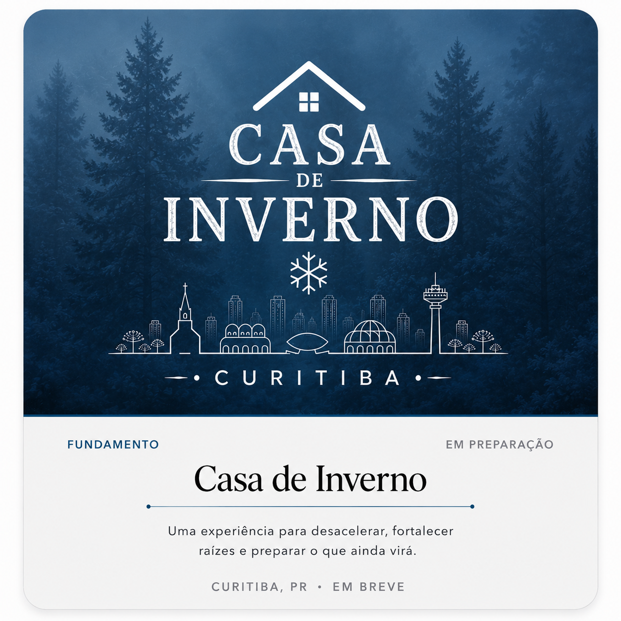 Arte oficial da Casa de Inverno em Curitiba, com pinheiros, identidade azul e cidade em line art.